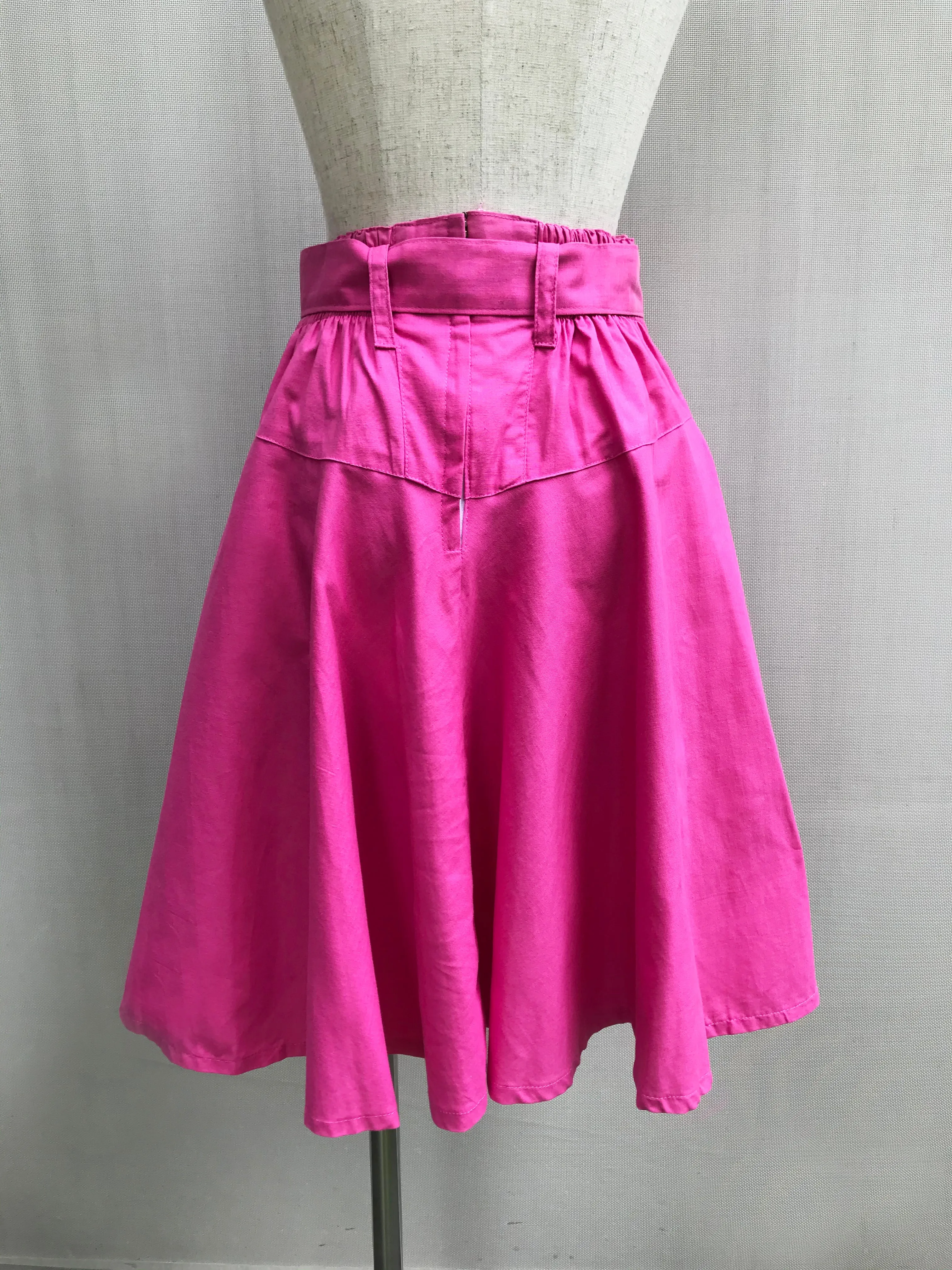 80s Bright Pink Belted Flare Skirt