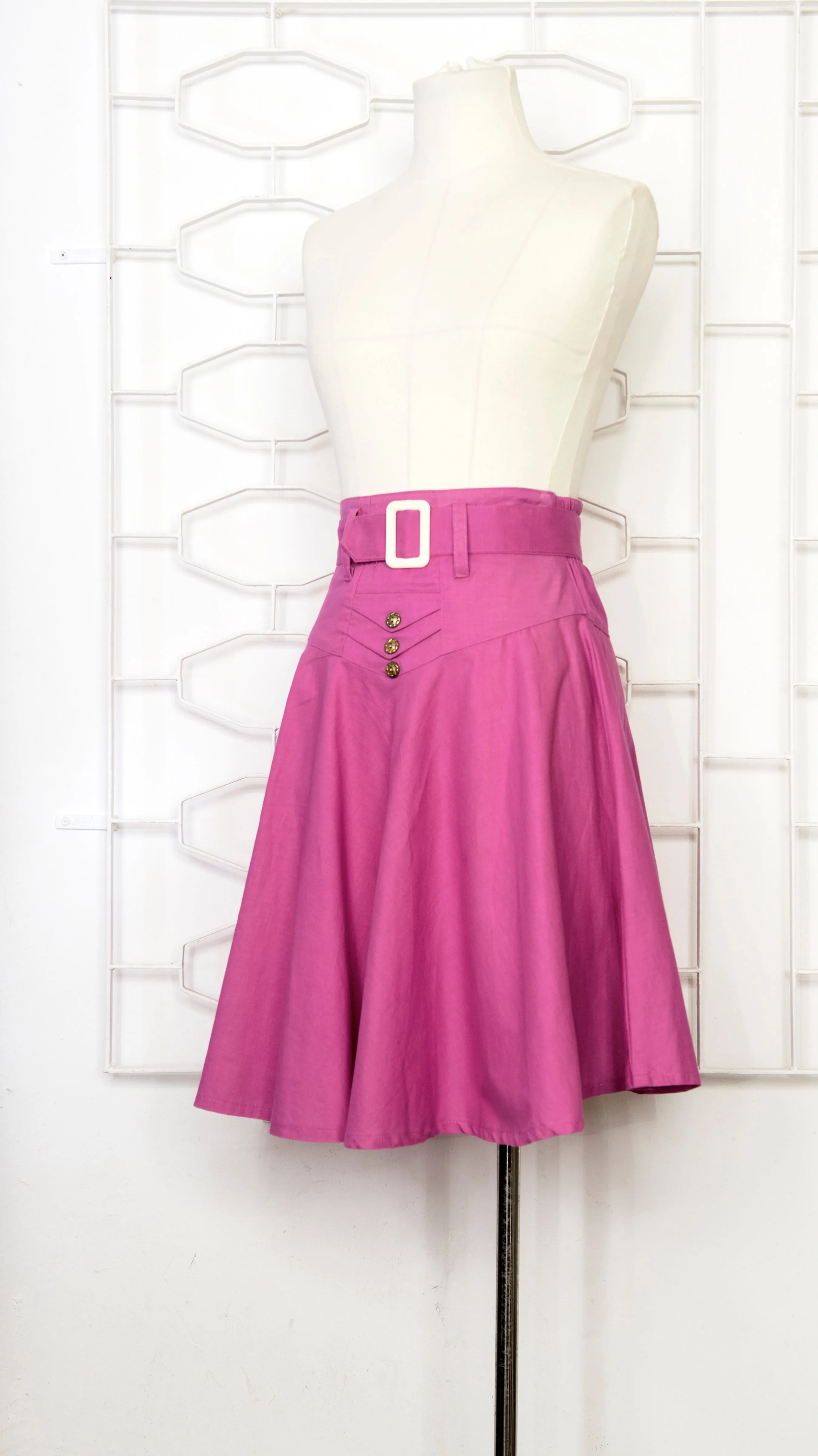 80s Bright Pink Belted Flare Skirt