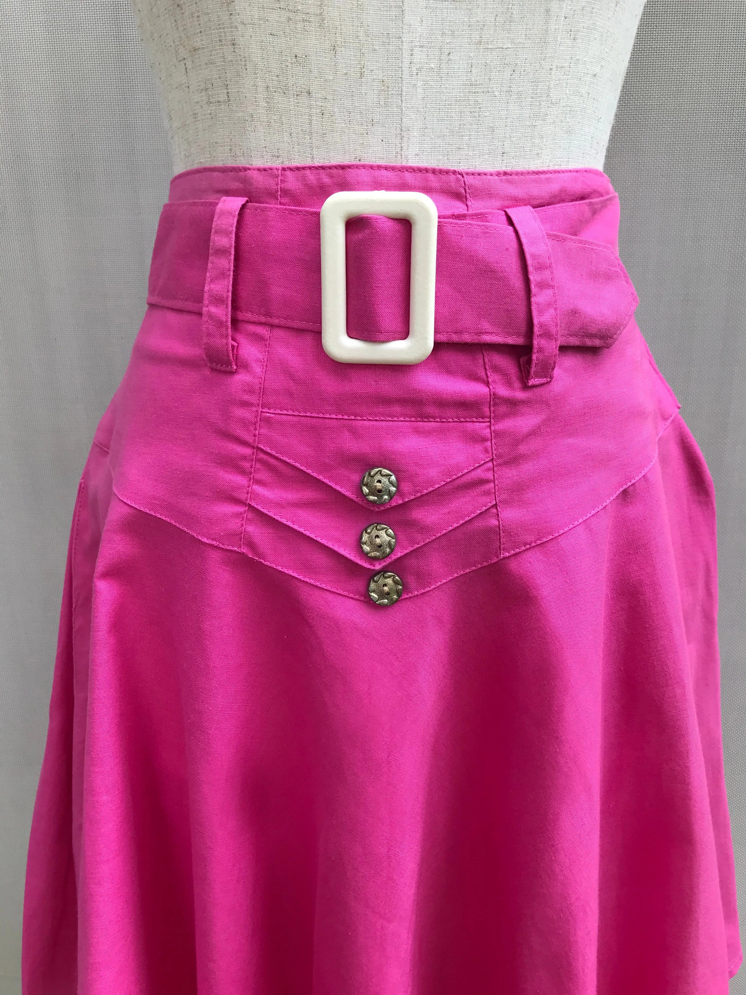80s Bright Pink Belted Flare Skirt