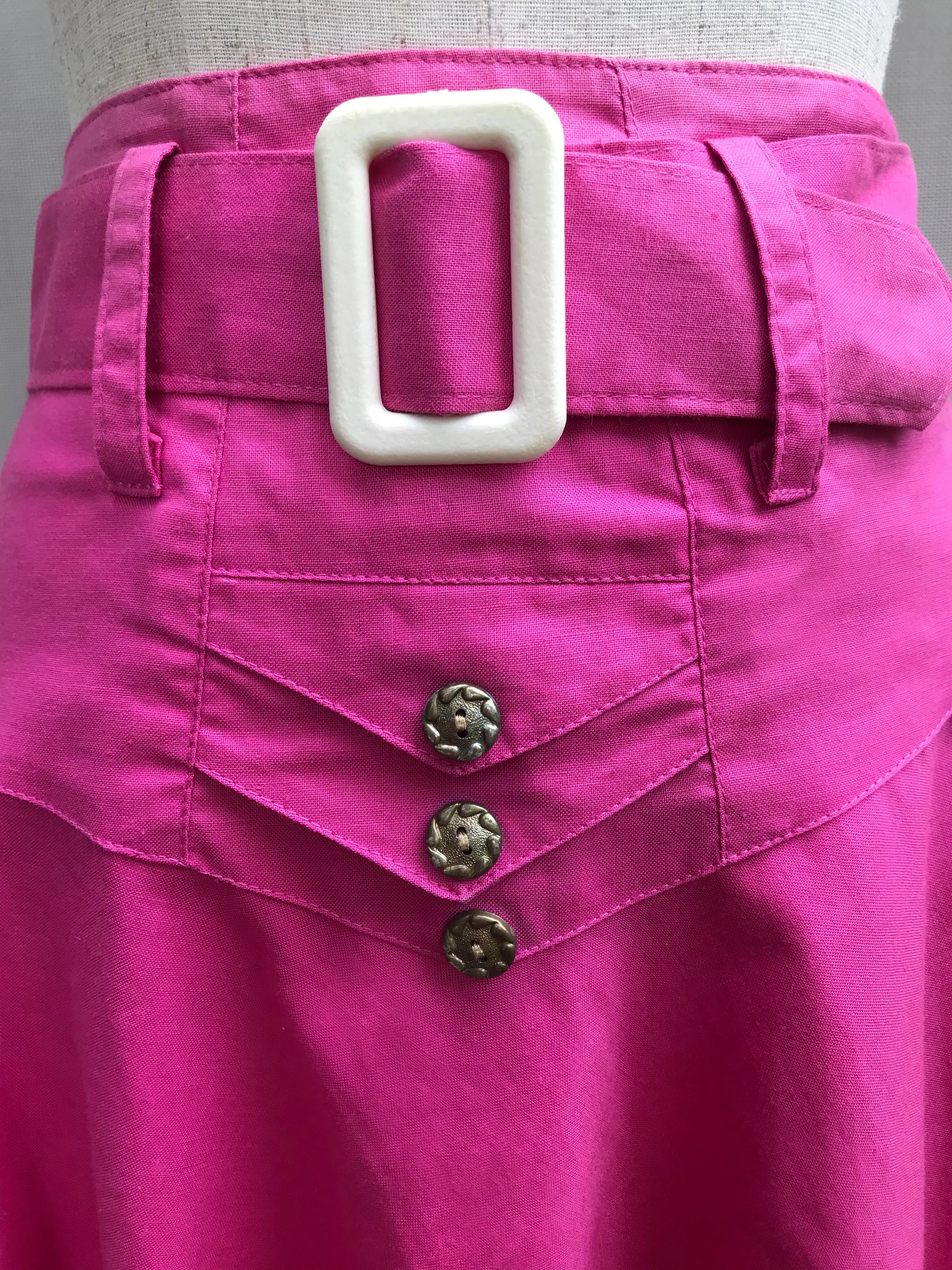 80s Bright Pink Belted Flare Skirt