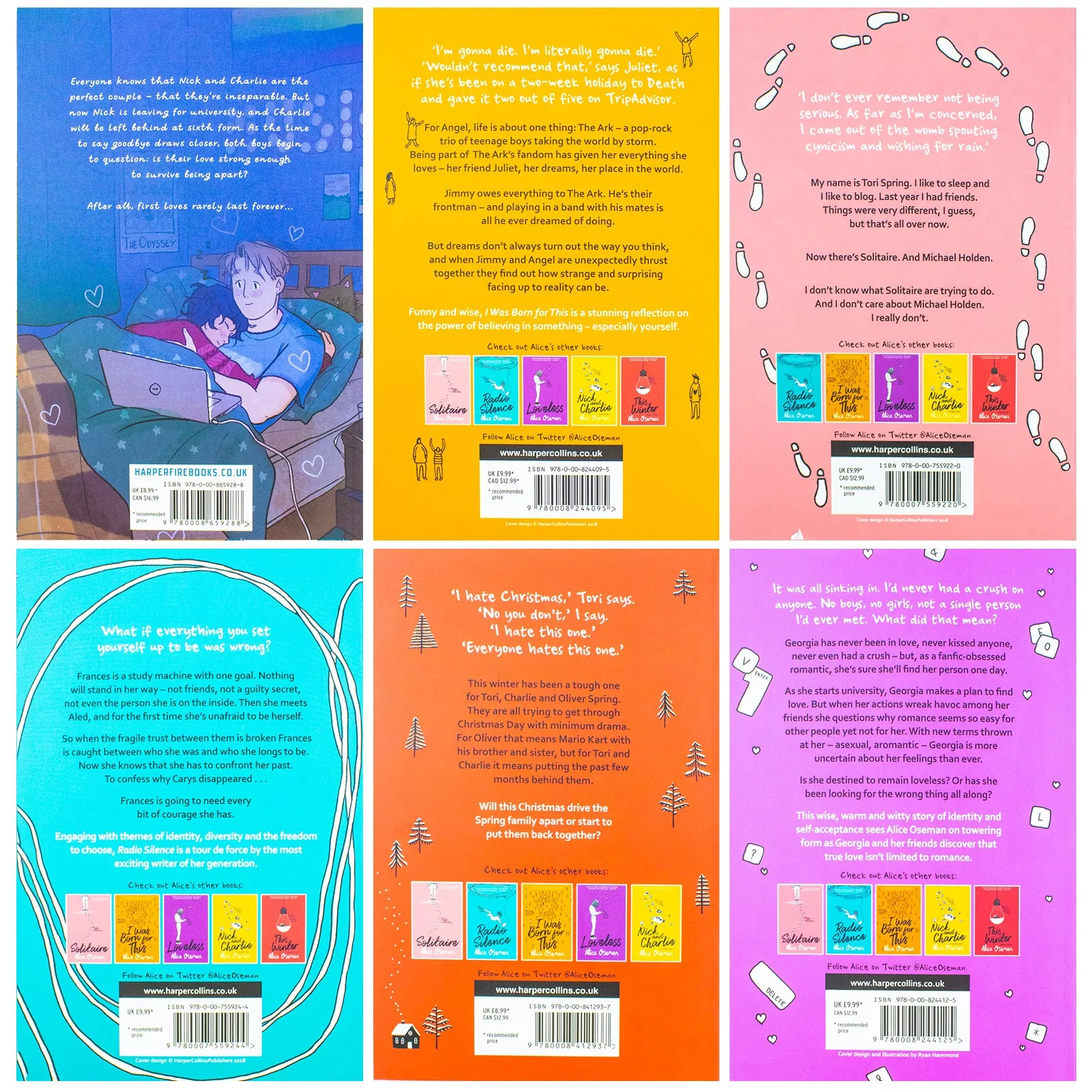 Alice Oseman Collection 6 Books Set (Solitaire, Loveless, This Winter, Radio Silence, Nick and Charlie, I Was Born for This)