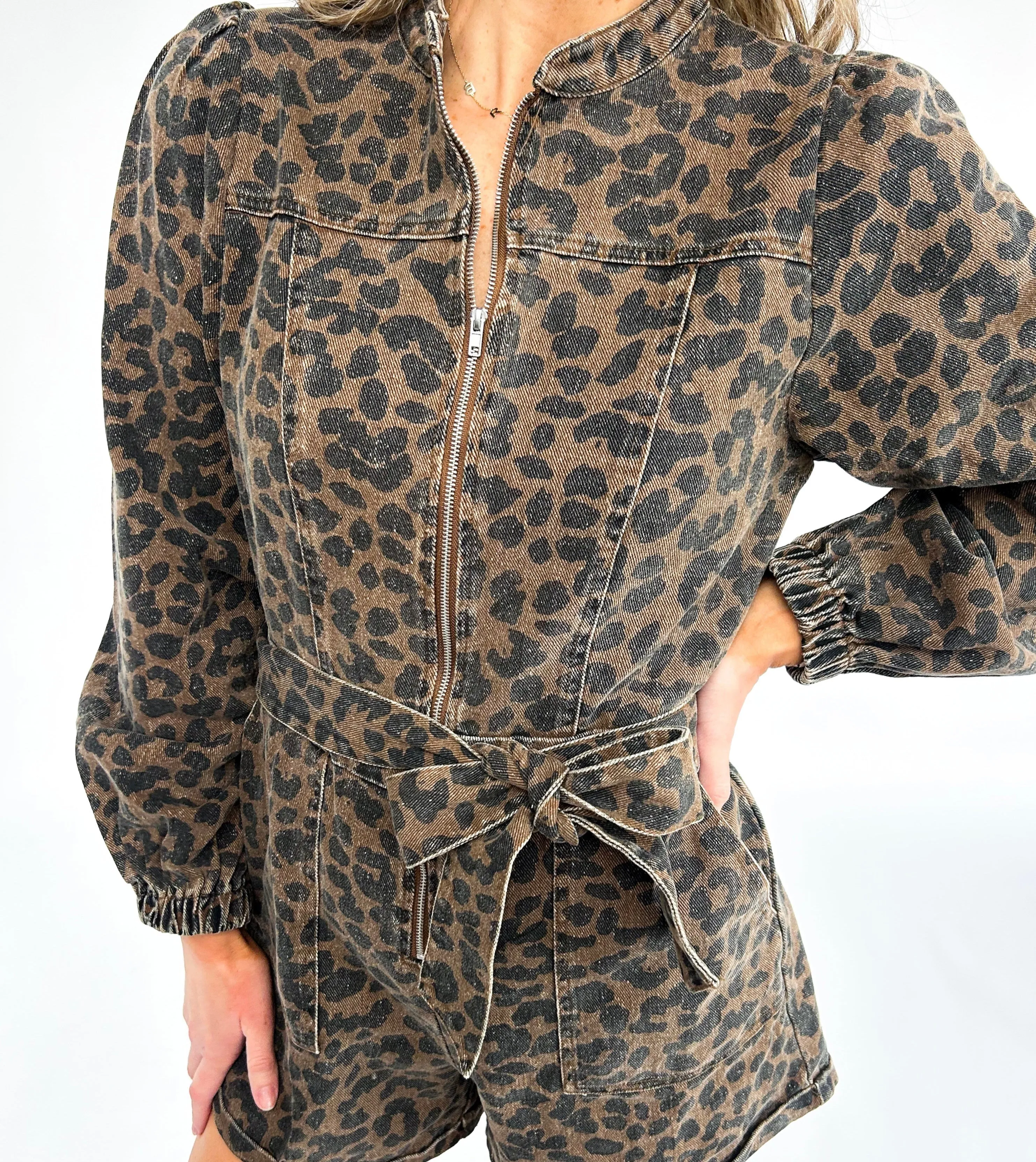 Alyssa Leopard Denim Romper