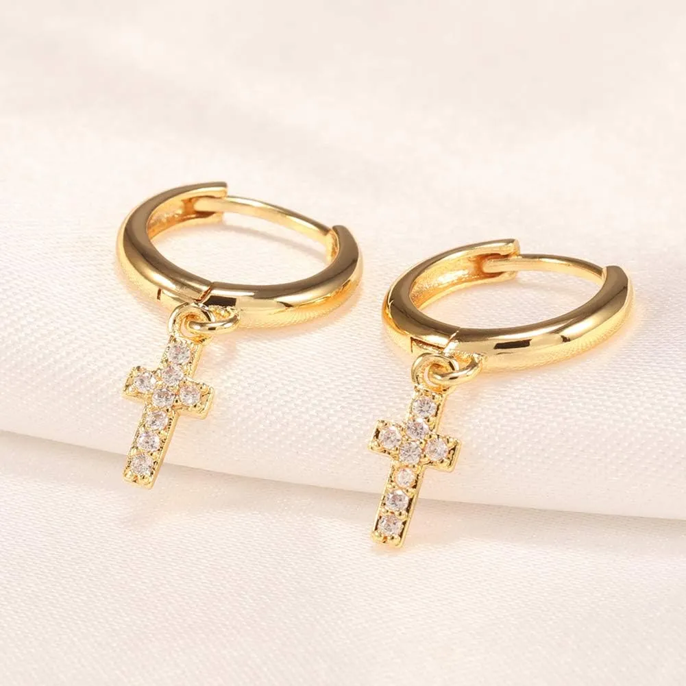 Cross CZ 18K Gold Plated Huggie Small Hoop Earrings