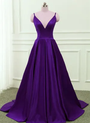 Dark Purple Satin Cross Back Straps V-neckline Party Dress, New Prom Dress 2022