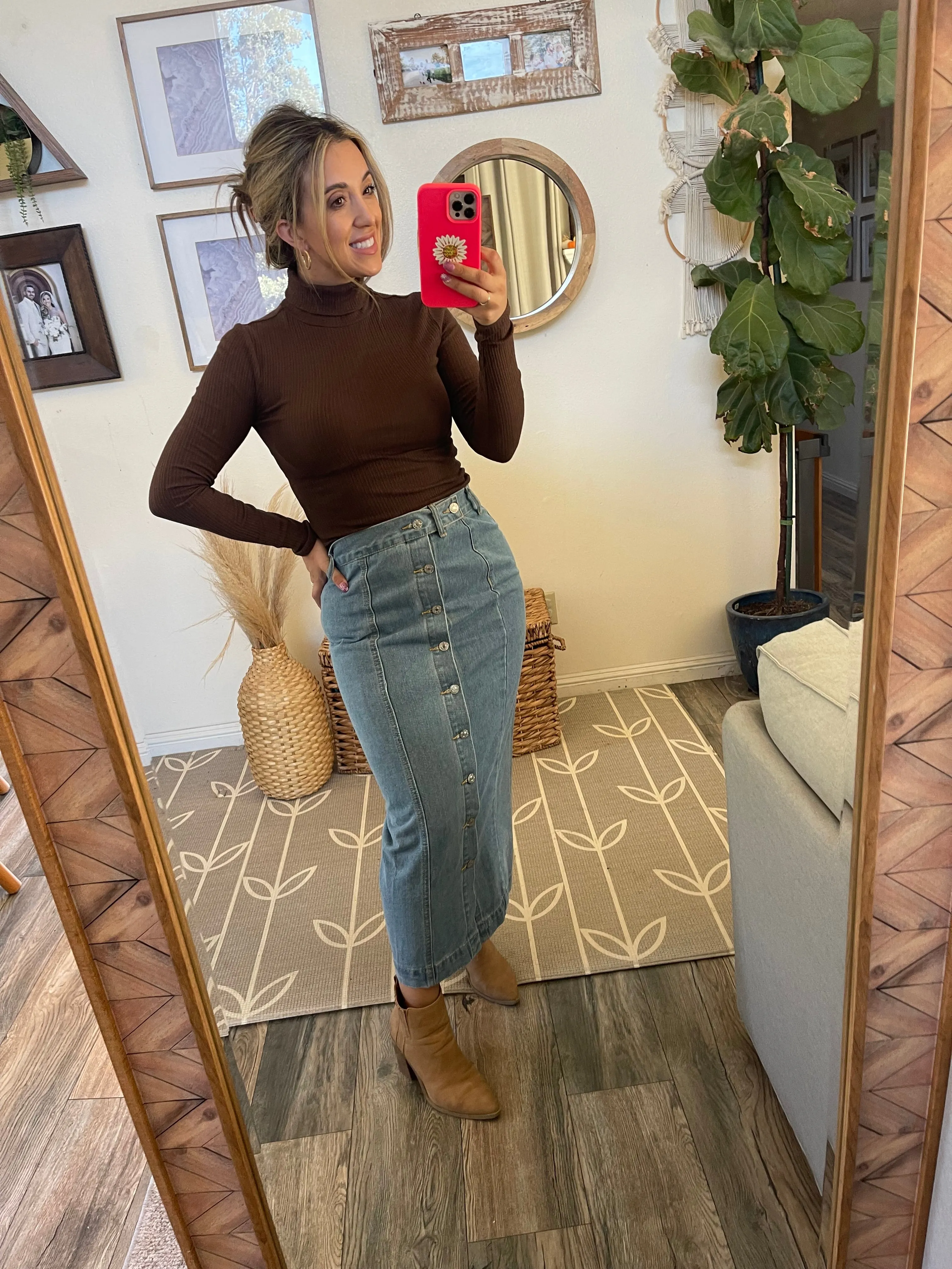 Denim Button Down Midi Skirt