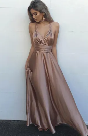 Fashion Simple V-Neck Blush Criss-Cross Straps Prom Dresses With Pleats, MP346
