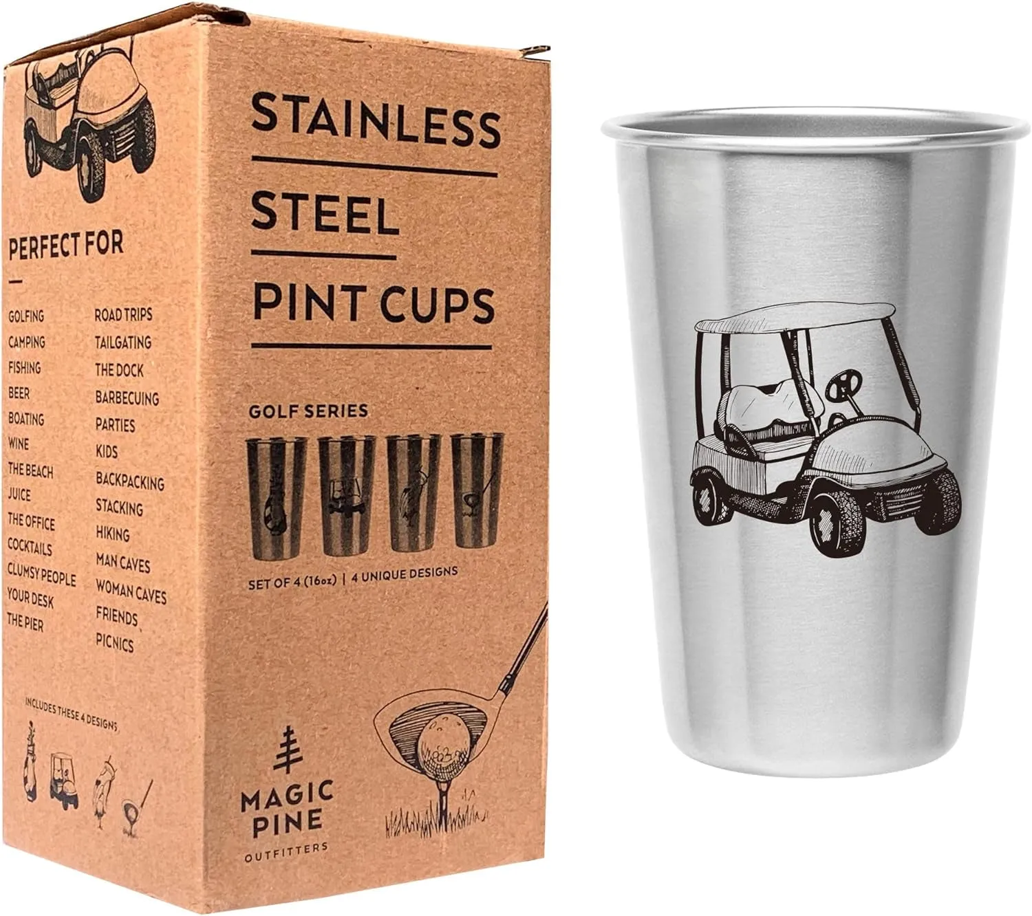 Golf Tumblers - Stainless Steel (Set of 4) - 16Oz Capacity - Unique Gift for Dads, Men, and Prize for Golfers. Designs Include Golf Cart, Glove/Tee, Driver, and Golfing Bag.