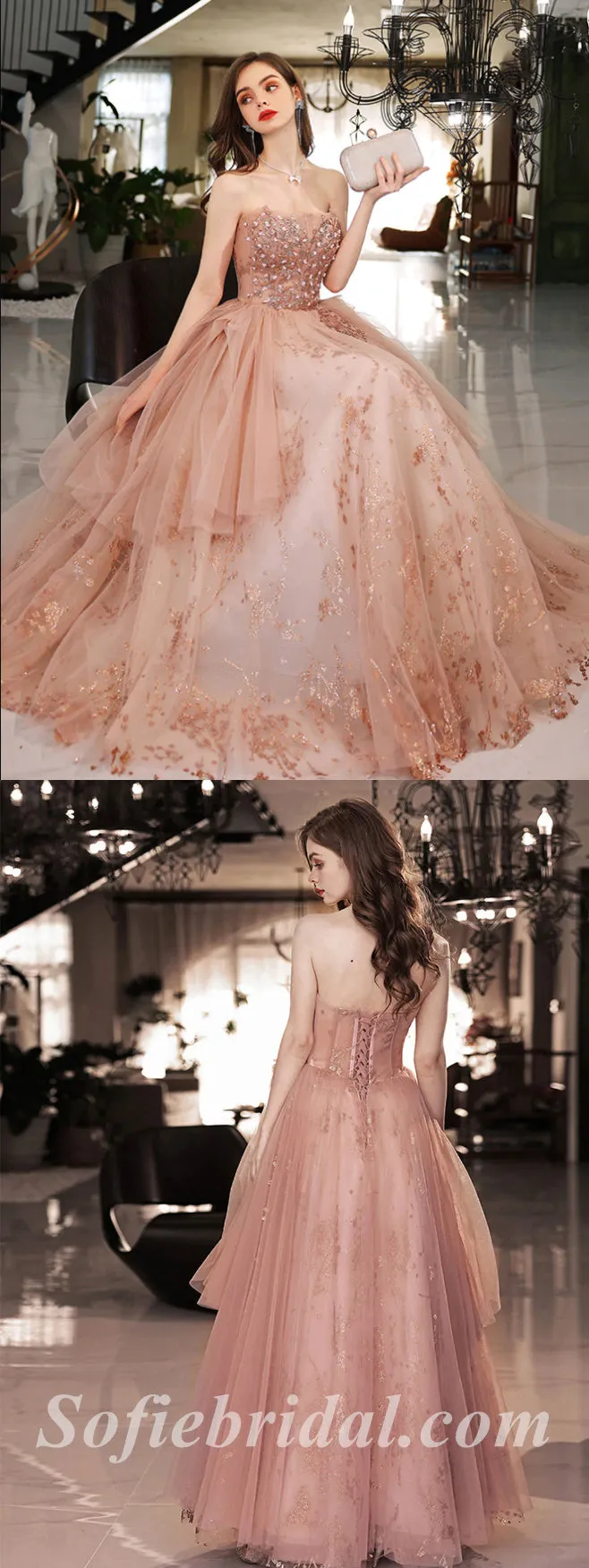 Gorgeous Tulle Sweetheart Sleeveless A-Line Long Prom Dresses/Ball Gown With Applique And Beading,SFPD0517