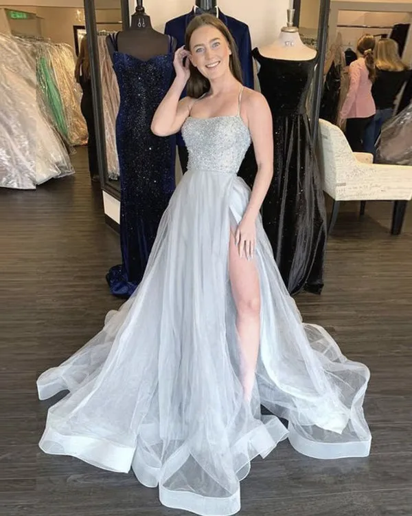 Gray Tulle Spaghetti Straps Beading Side Slit Long Prom Dress DP3516