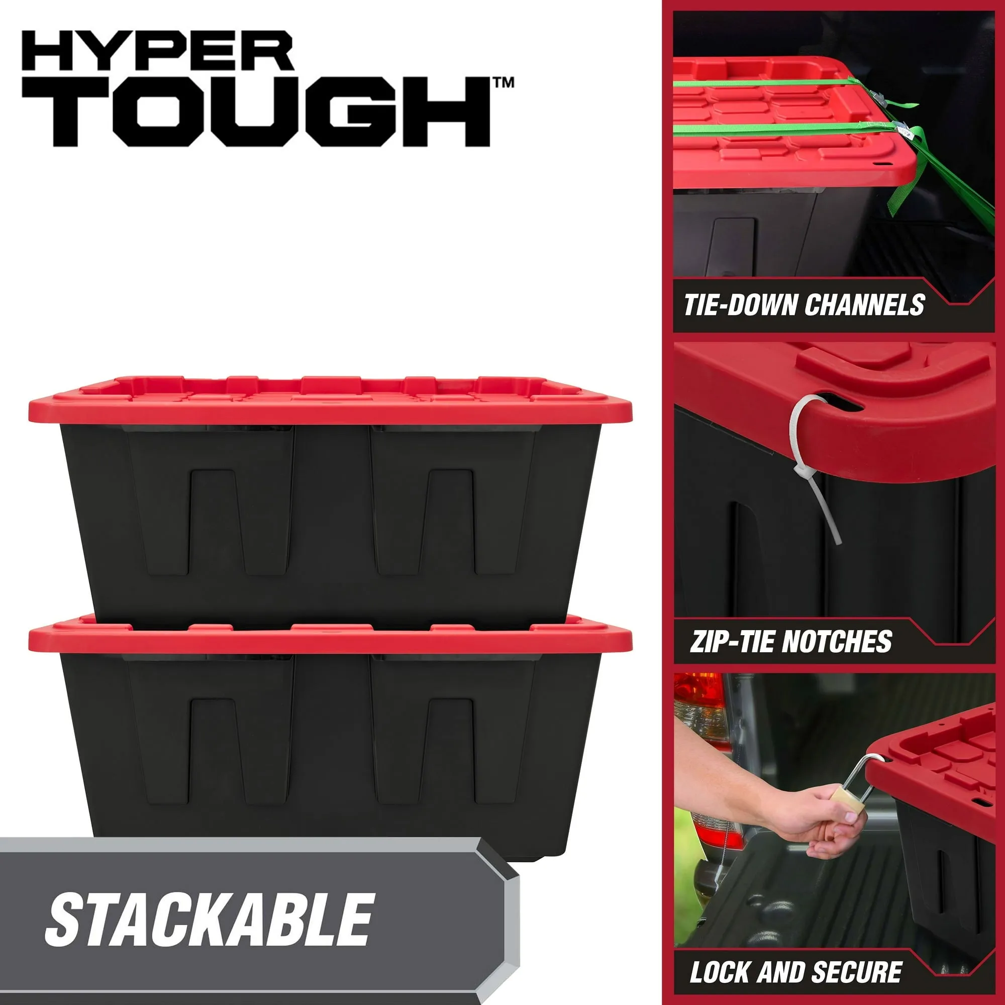 Hyper Tough 40 Gallon Snap Lid Plastic Storage Bin, Black/Red - new