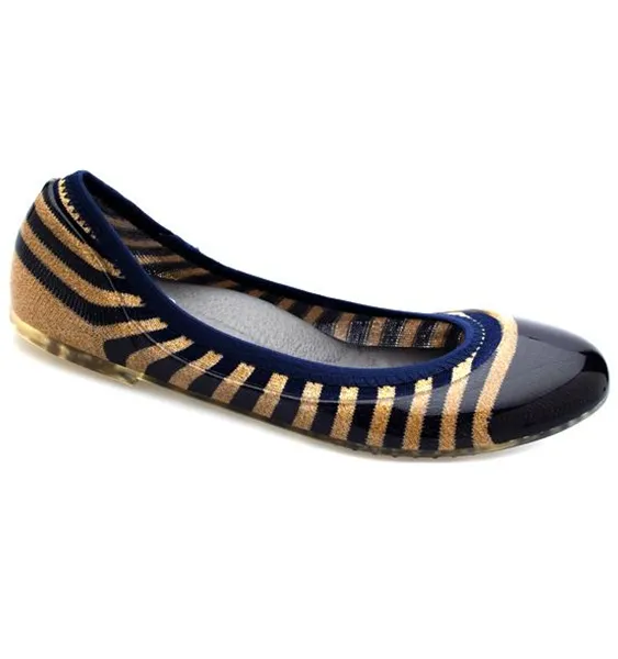 ja-vie gold cap/navy rugby stripe jelly flats shoes