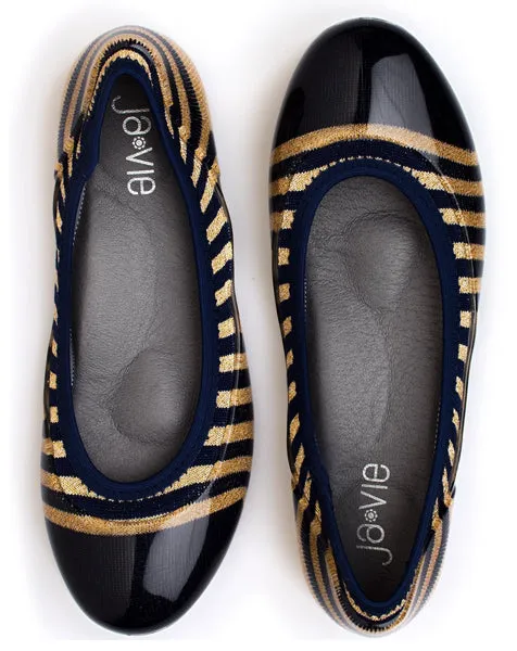 ja-vie gold cap/navy rugby stripe jelly flats shoes