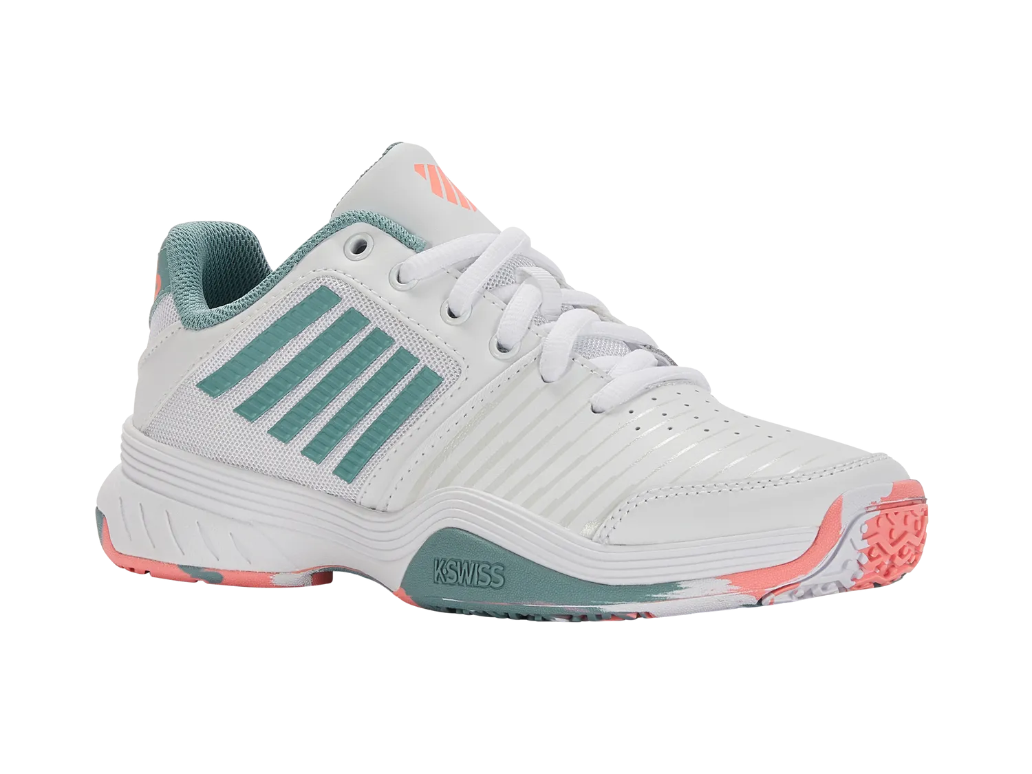 K-Swiss Kids Court Express Omni Tennis Shoes in White/Nile Blue/Desert Flower