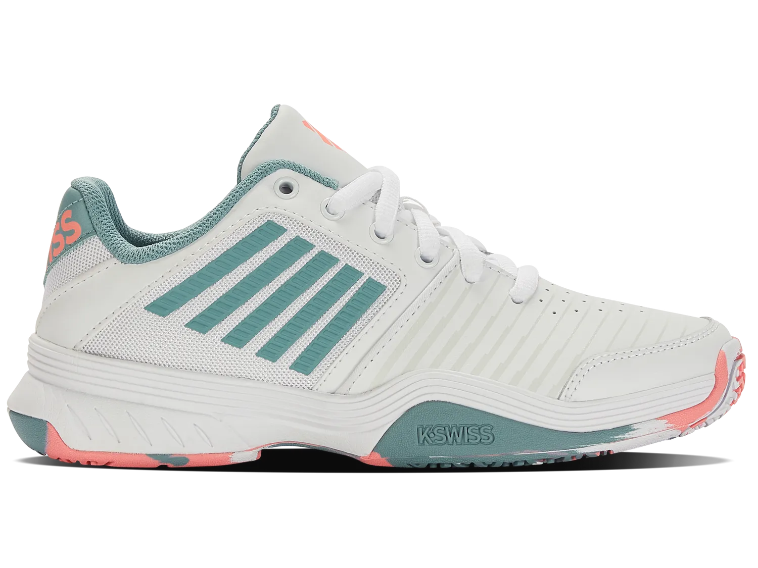 K-Swiss Kids Court Express Omni Tennis Shoes in White/Nile Blue/Desert Flower