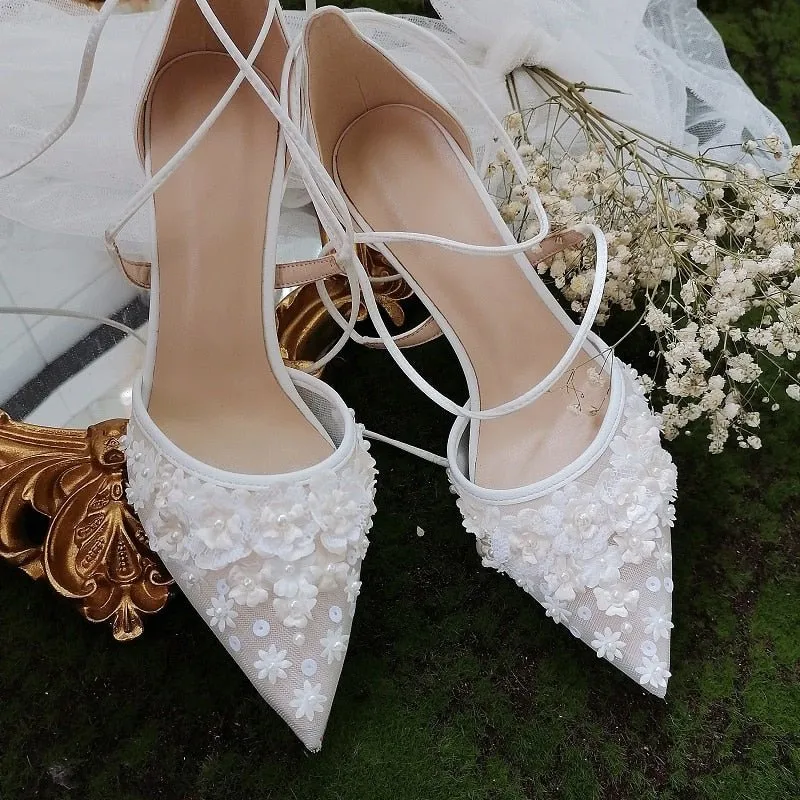 Lace flower fine high-heeled bride wedding shoes