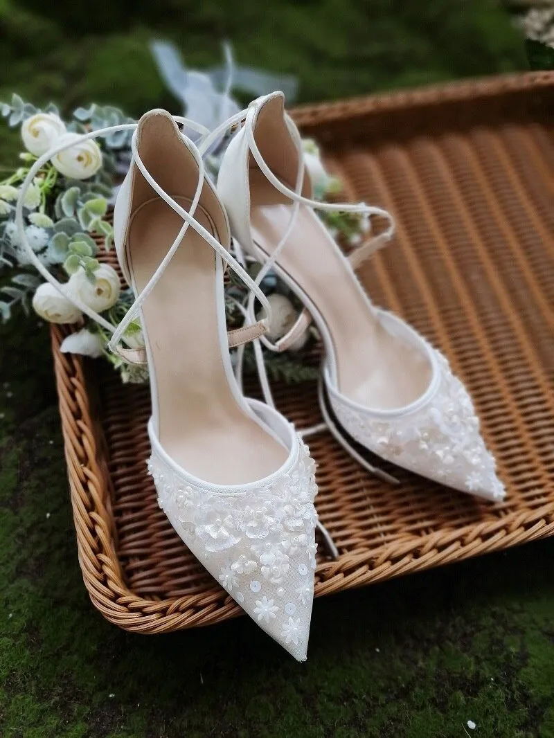 Lace flower fine high-heeled bride wedding shoes