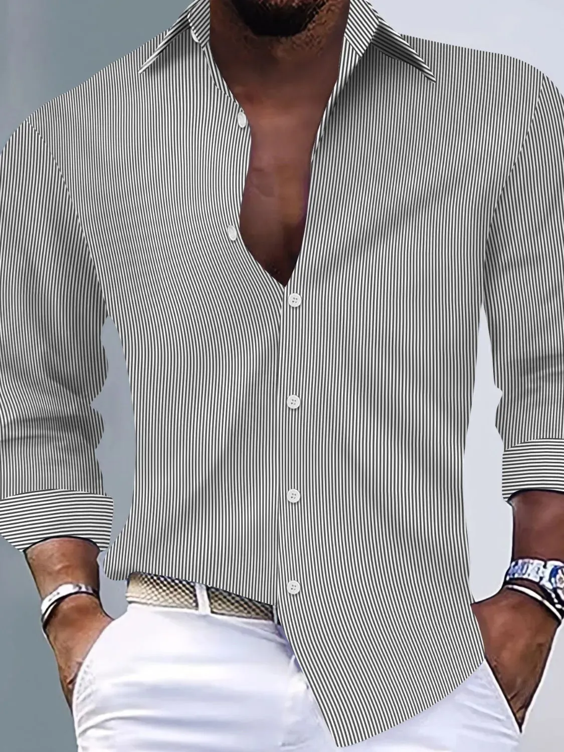 Men's Full Size Striped Button Up Long Sleeve Shirt Plus Size