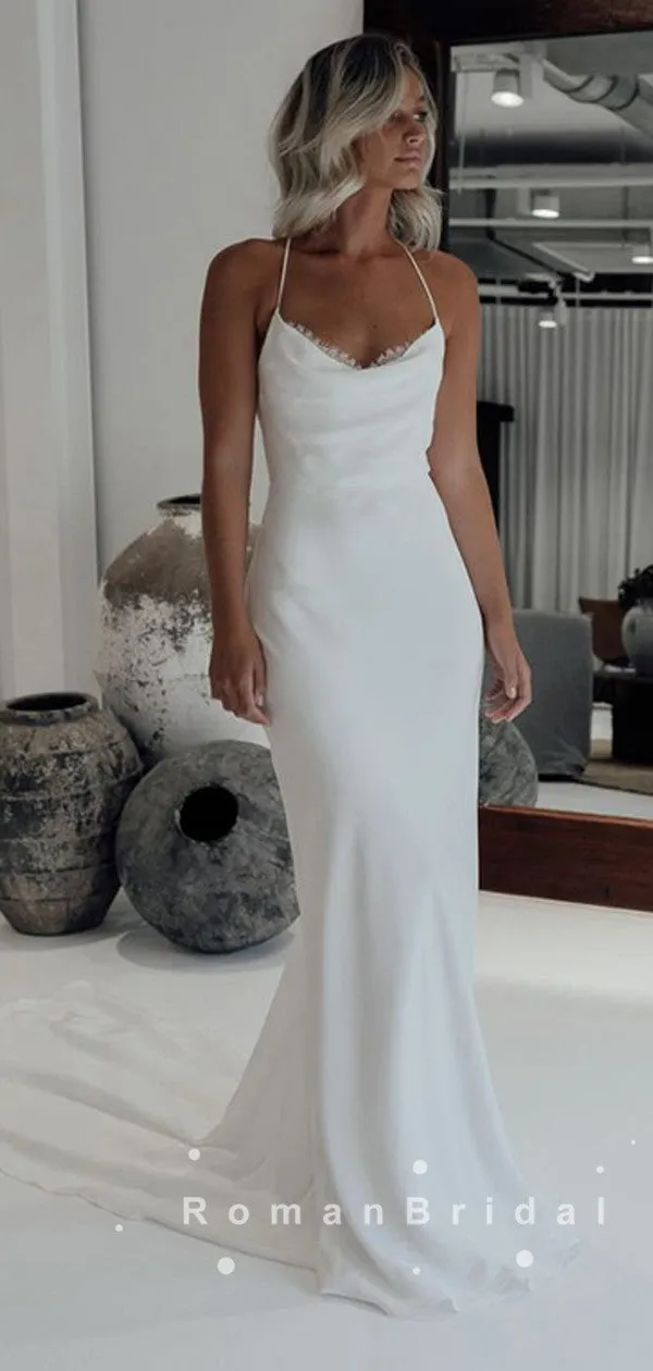 Mermaid Spaghetti Straps Cross Back Cheap Long Wedding Dresses,RBWD0017
