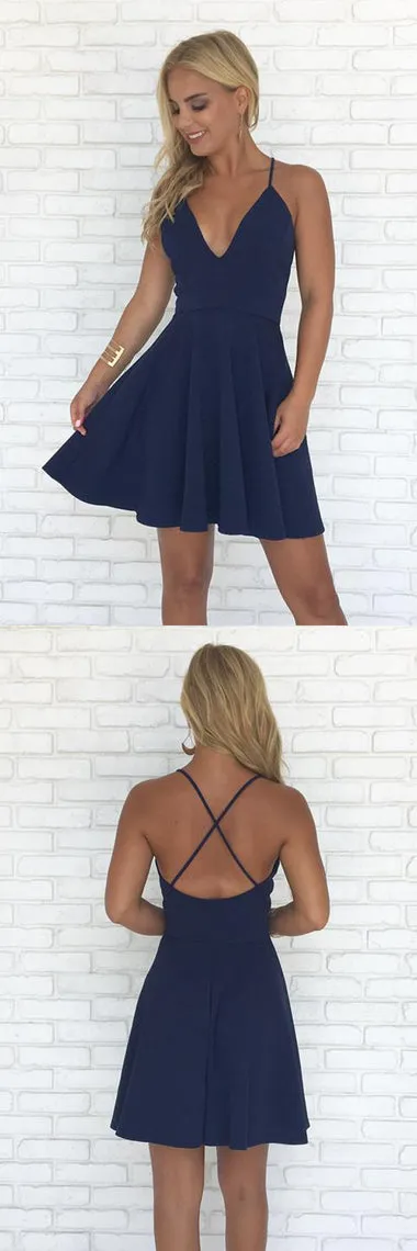 Navy Blue A-line Spaghetti Straps V-neck Backless Simple Homecoming Dresses, SH383