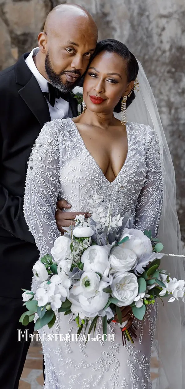 New Arrival Mermaid Long Sleeve V-neck Cheap Long Wedding Dresses, WDS0066