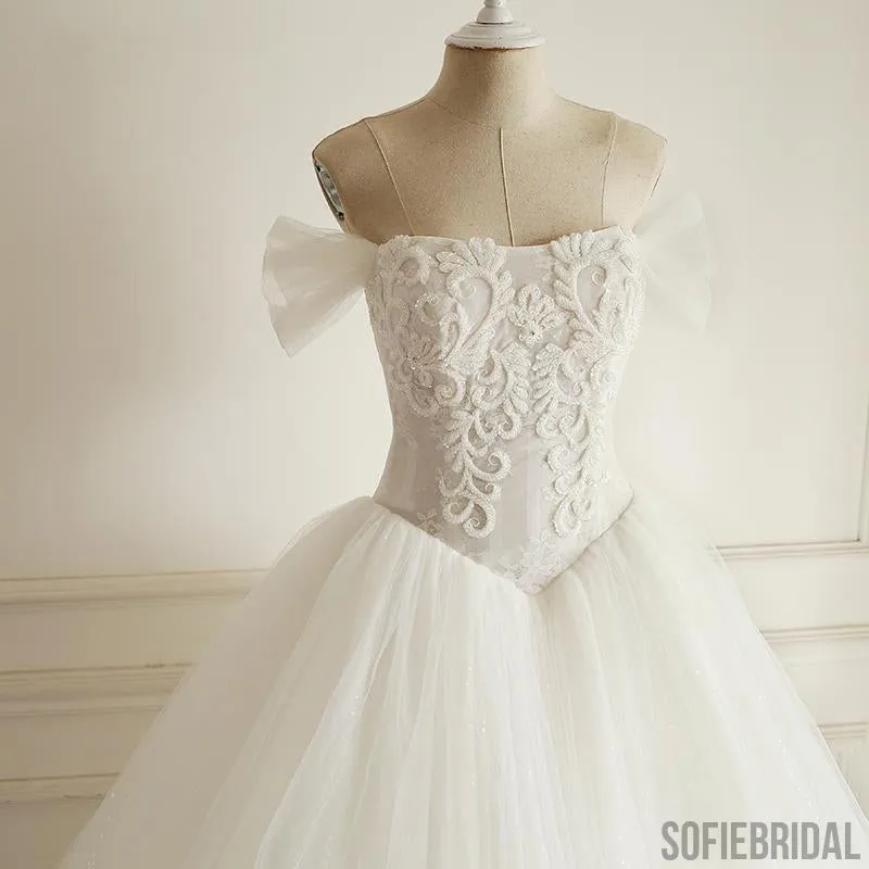 Off Shoulder Beaded A-line Lace Long Custom Cheap Wedding Dresses, WD304