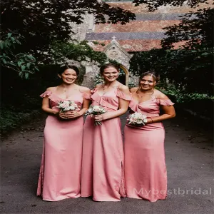 Off-shoulder Ruffle Spaghetti straps Elegant Simple Pretty Long Bridesmaid Dresses, BDS0240