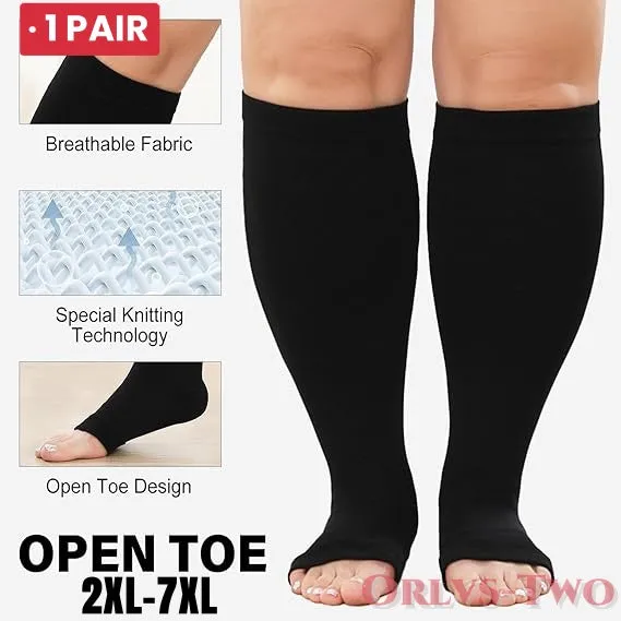 Premium Plus Size Compression Socks for Women & Men – 20-30mmHg Graduated Support – Open Toe, Toeless, Wide Calf – Medical & Travel