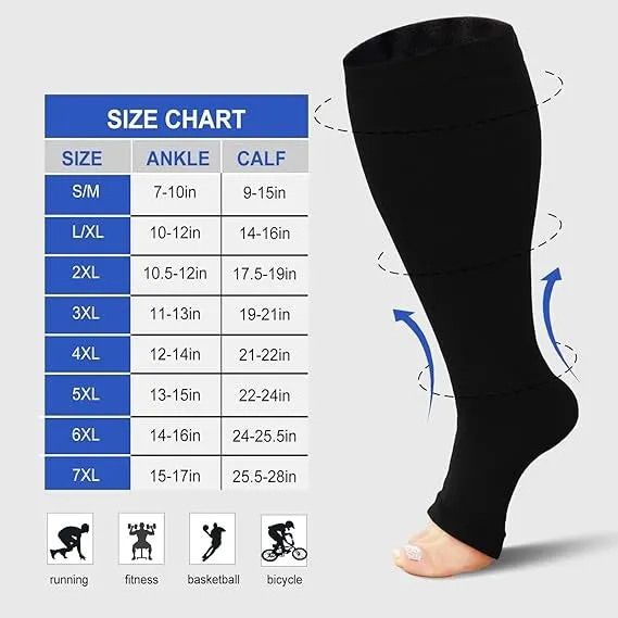 Premium Plus Size Compression Socks for Women & Men – 20-30mmHg Graduated Support – Open Toe, Toeless, Wide Calf – Medical & Travel