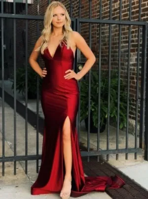 Red Sexy V-Neck Sleeveless Mermaid Prom dresses Criss Cross Strings Stain Evening Dresses Prom