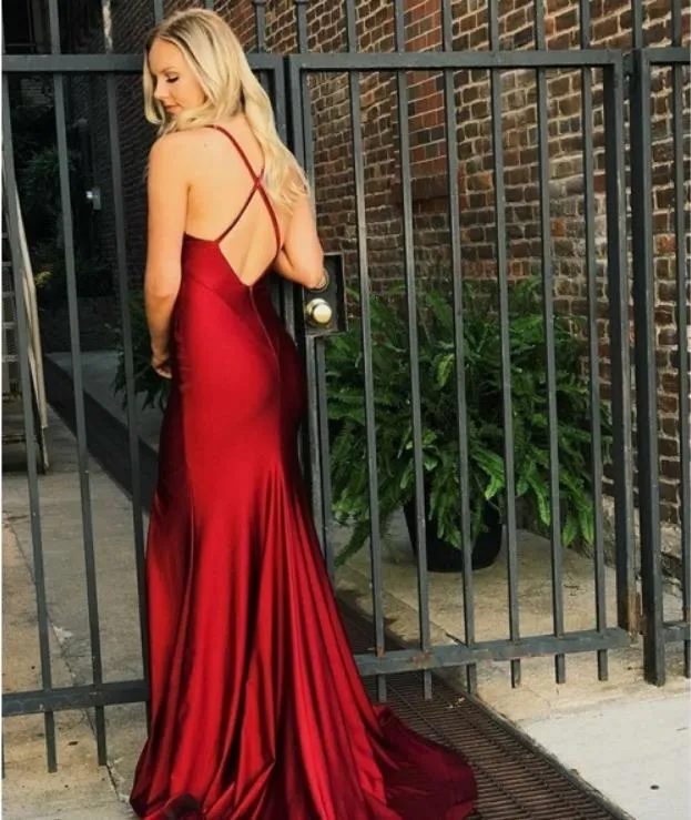 Red Sexy V-Neck Sleeveless Mermaid Prom dresses Criss Cross Strings Stain Evening Dresses Prom