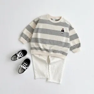 Rugby Stripe with Bear Embroidered Sweatshirt - Heather Grey Stripes