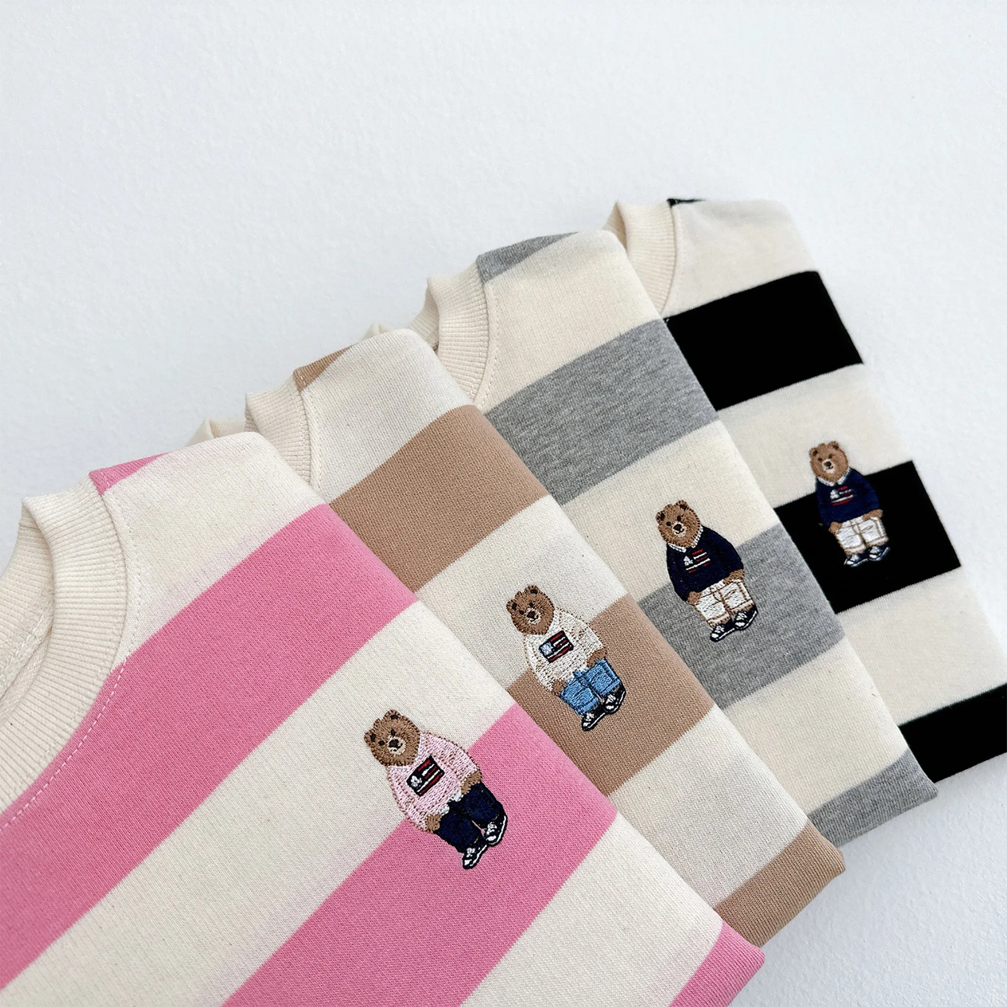 Rugby Stripe with Bear Embroidered Sweatshirt - Heather Grey Stripes