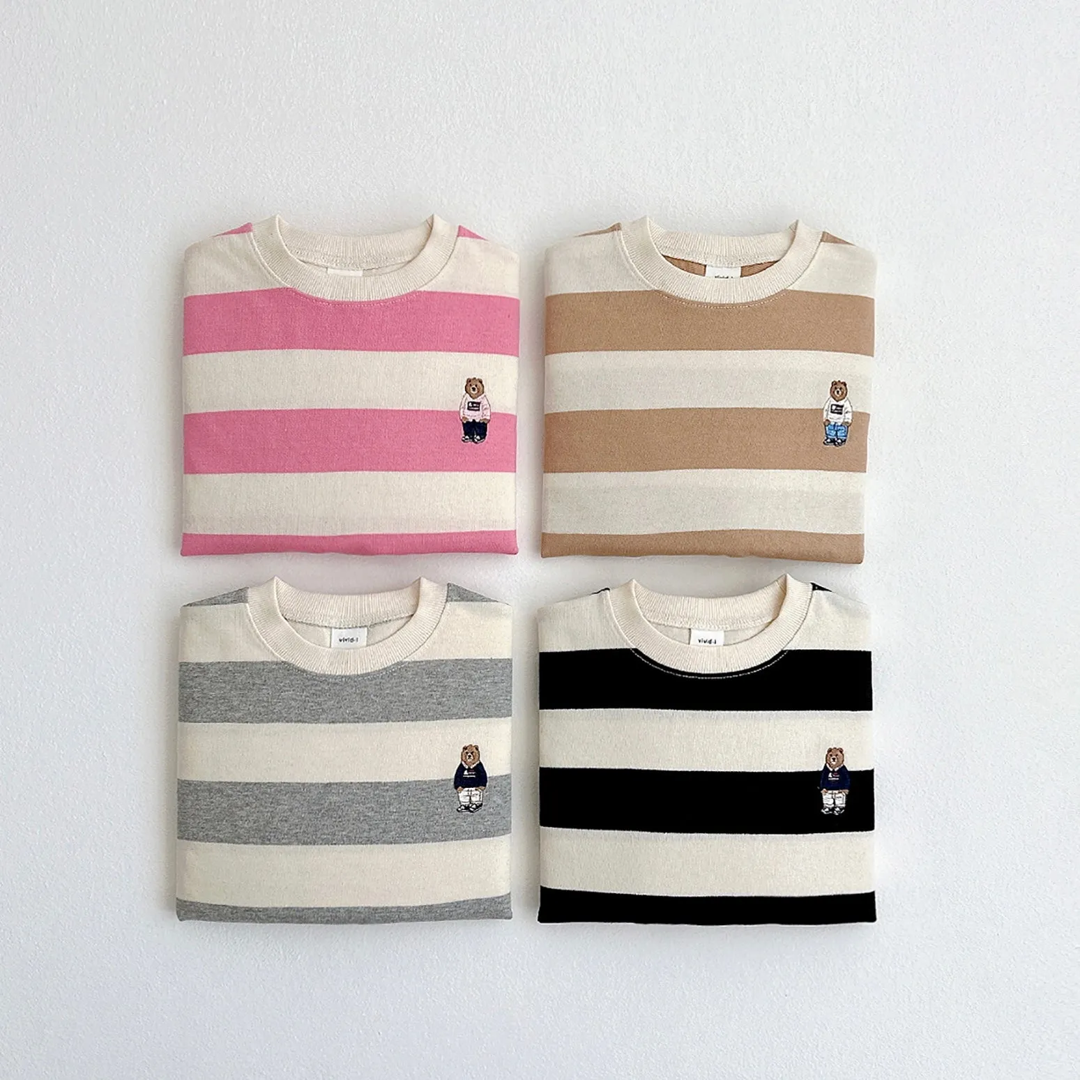 Rugby Stripe with Bear Embroidered Sweatshirt - Heather Grey Stripes