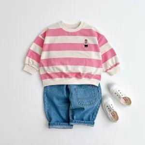 Rugby Stripe with Bear Embroidered Sweatshirt - Pink Stripes