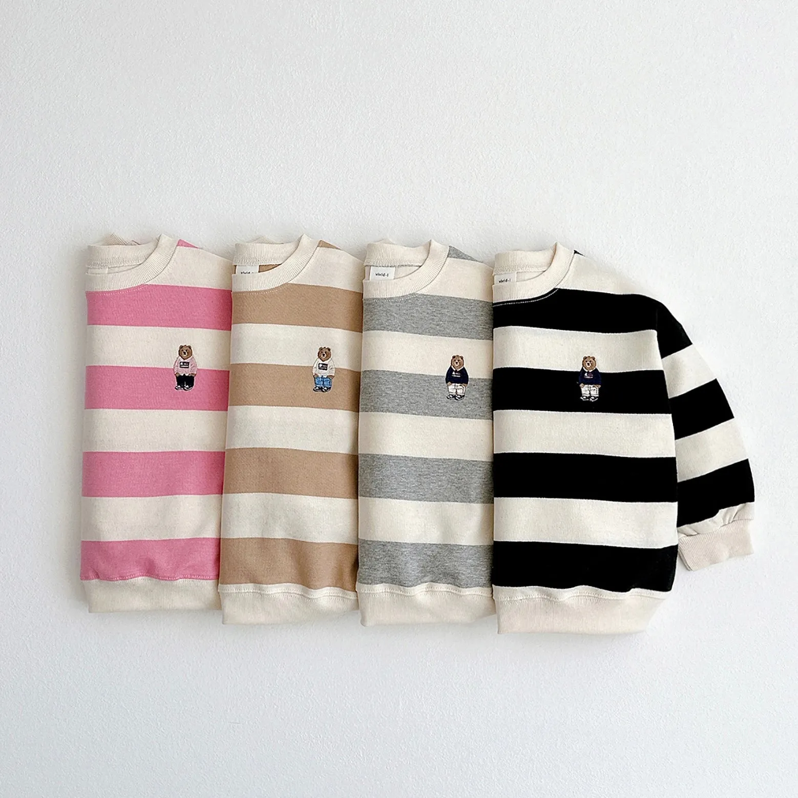 Rugby Stripe with Bear Embroidered Sweatshirt - Pink Stripes