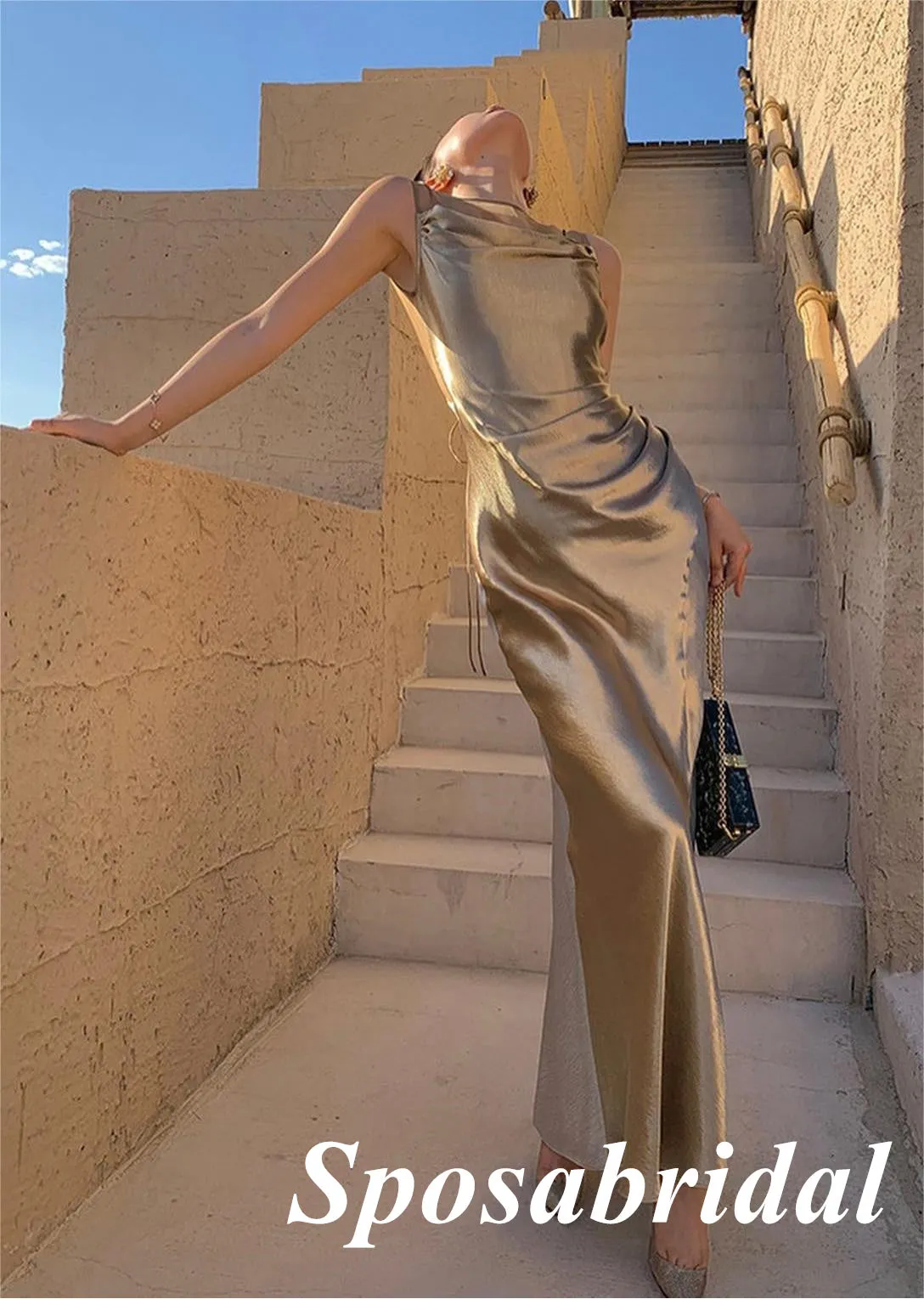 Sexy Elastic Satin Bateau Open Back Mermaid Long Prom Dresses, PD3790
