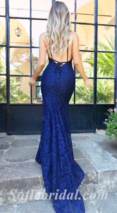 Sexy Lace Spaghetti Straps V-Neck Sleeveless Open Back Mermaid Long Prom Dresses,SFPD0444