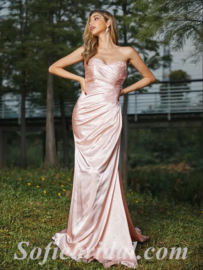 Sexy Satin Sweetheart Sleeveless Side Slit Mermaid Long Prom Dresses With Applique,SFPD0441