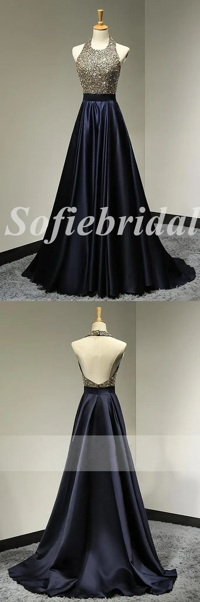 Sexy Sequin And Satin Halter Sleeveless Backless A-Line Long Prom Dresses, PD0858