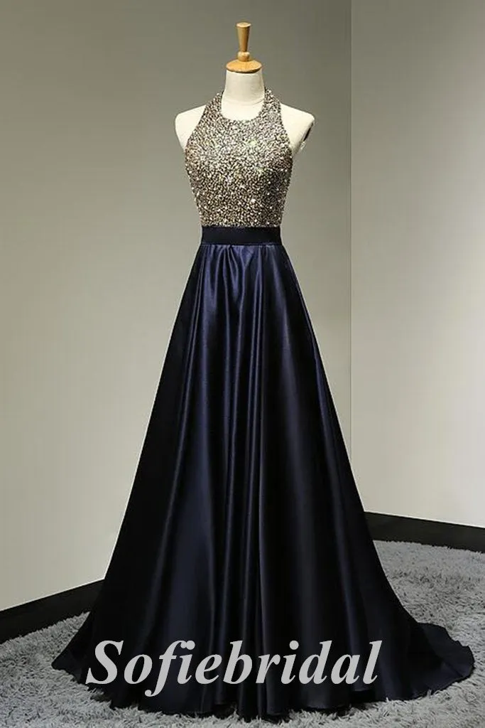 Sexy Sequin And Satin Halter Sleeveless Backless A-Line Long Prom Dresses, PD0858