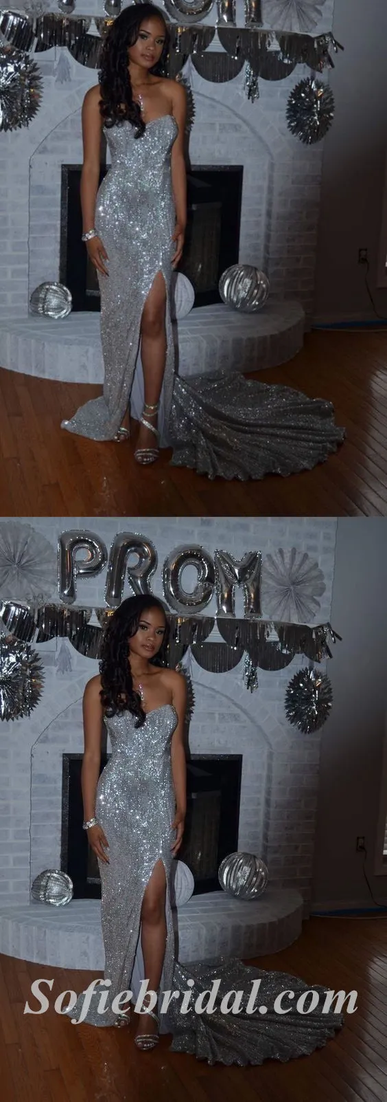 Sexy Silver Sequin Sweetheart Sleeveless Side Slit Mermaid Long Prom Dresses,SFPD0513