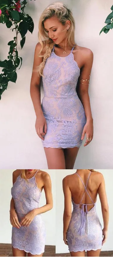 Simple Tight Lace Mermaid Open Back Short Prom Dresses, Homecoming Dress, SH385