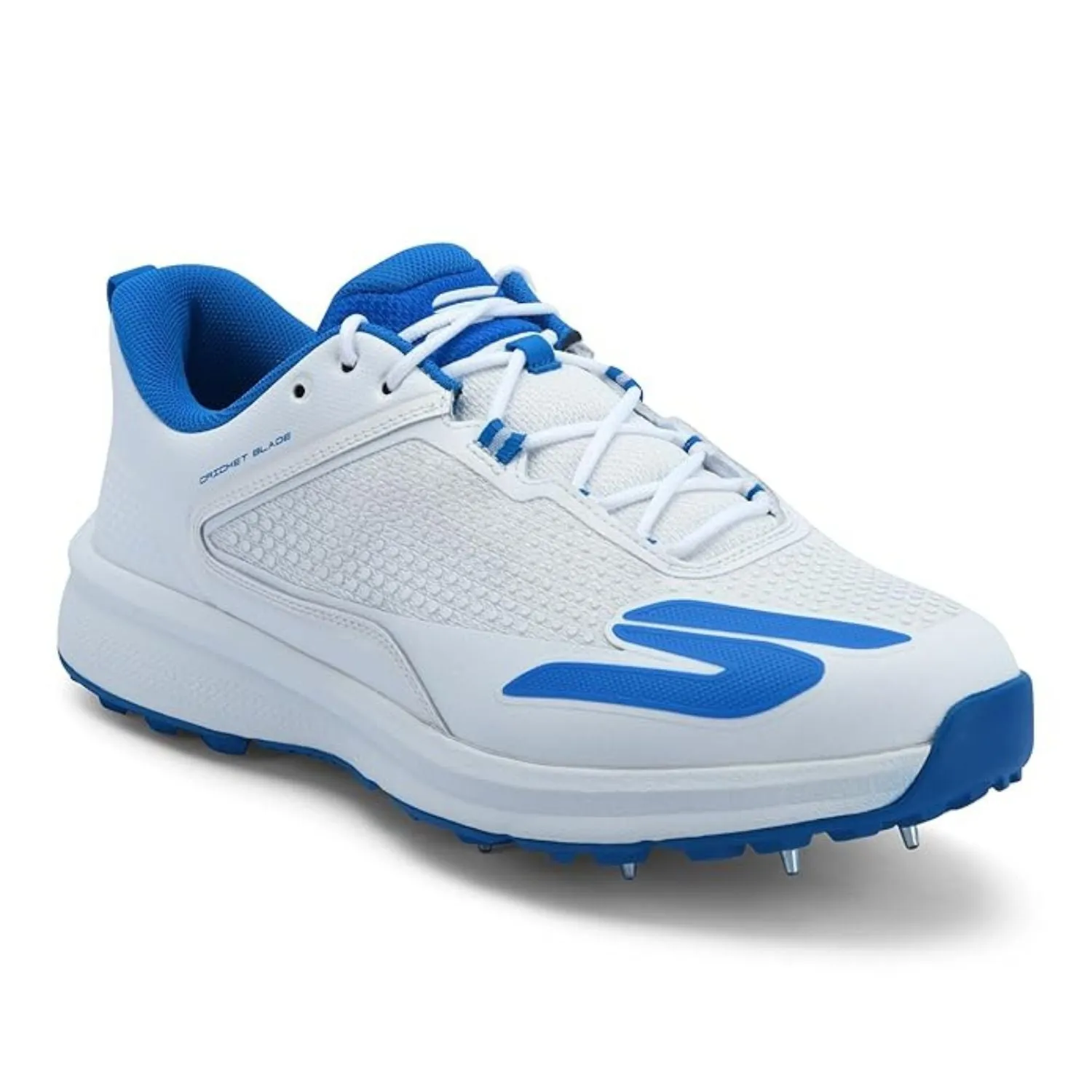 Skechers Cricket Elite Men’s Metal Spike Shoes – White/Light Blue | Pro-Level Cricket Shoes with Superior Traction & Comfort