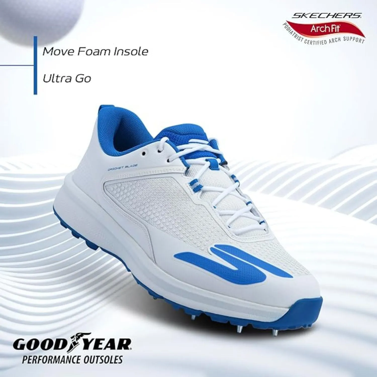Skechers Cricket Elite Men’s Metal Spike Shoes – White/Light Blue | Pro-Level Cricket Shoes with Superior Traction & Comfort