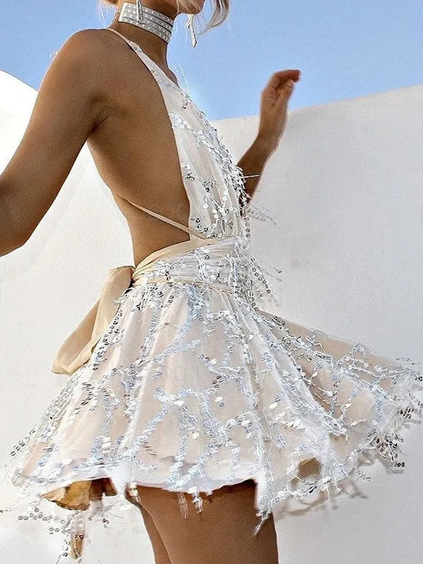 Sparkly Deep V-neck Cross Back A-line Short Homecoming Dresses Online, HD0619