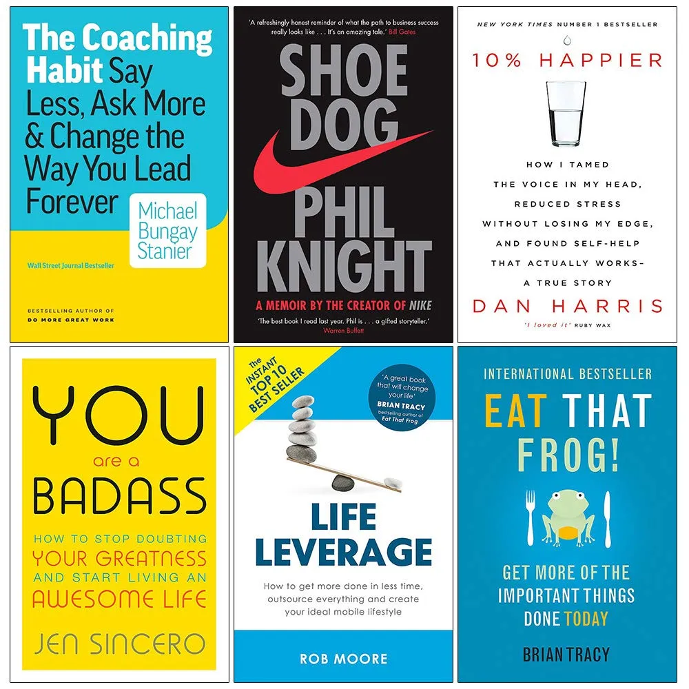 The Coaching Habit, Shoe Dog, 10% Happier, You Are a Badass, Life Leverage, Eat That Frog 6 Books Collection Set