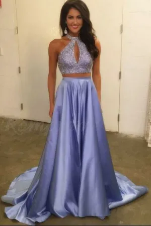 Two Pieces Halter Keyhole Beaded Satin A Line Elegant Lavender Long Prom Dress OK941