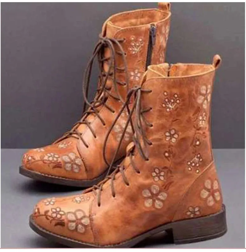 Woman Ankle Boots Embroidery Big Size 43 Flower Boots 2020 Women Autumn Winter Lace Up PU Leather Female Footwear Ladies Shoes